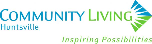 A Community Living Huntsville logo that has the name of the organization in blue and green text, and a tagline underneath that reads: Inspiring Possibilities.