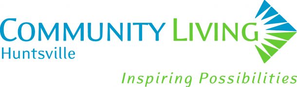 A Community Living Huntsville logo that has the name of the organization in blue and green text, and a tagline underneath that reads: Inspiring Possibilities.