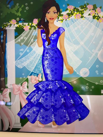 Image shows a digital image of a virtual woman in floor-length a blue gown.