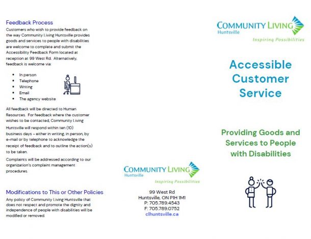 Image is a copy of one side of Community Living Huntsville's brochure on accessible Customer Service. The information on it is replicated on this web page.