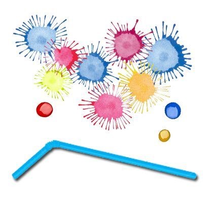 Image shows blue, red and yellow paint splotches above an illustration of a blue plastic drinking straw.