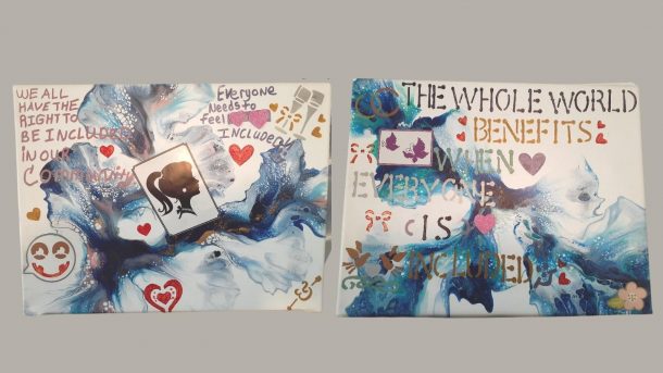 Image shows 2 photos of mixed media artwork that promotes inclusion.