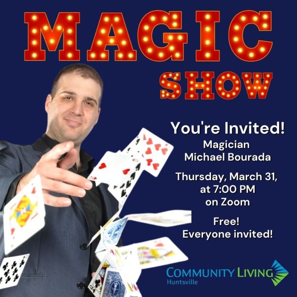 A poster for a Virtual Magic Show happening March 31, 2022.