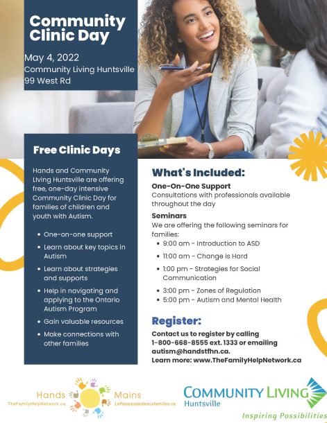 A poster for the Community Clinic Day happening May 4, 2022.