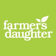 Farmer's Daughter logo with white text on green background and illustration of 2 leaves.