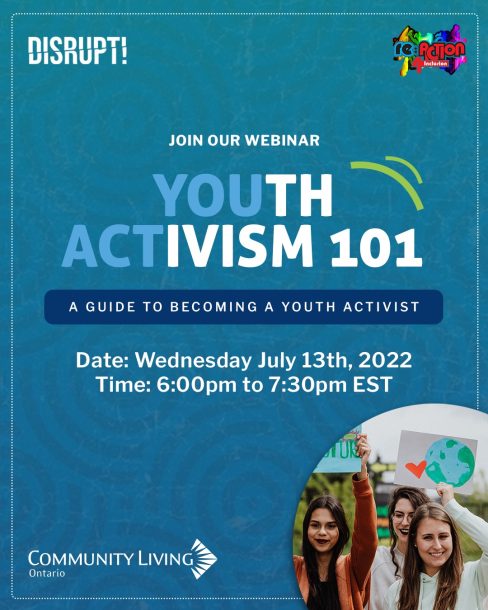 A poster for the Youth Activism 101 webinar happening July 13, 2022.
