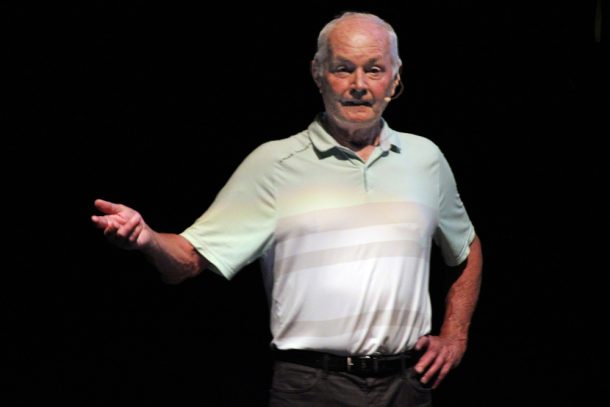 Roy MacGregor on stage at the Algonquin Theatre.