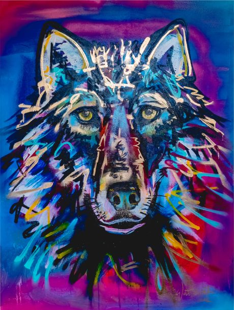 A painting of a stylized wolf on a blue and purple background.