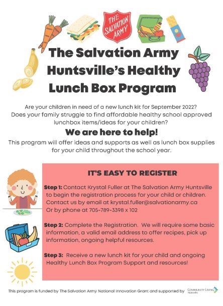 A poster of fruit, vegetable, and lunch illustrations with text to promote the Salvation Army Huntsville's Healthy Lunch Box Program.