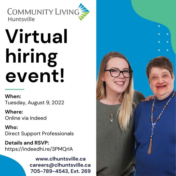 A poster for a Community Living Huntsville virtual hiring event happening Tuesday, August 9, 2022.