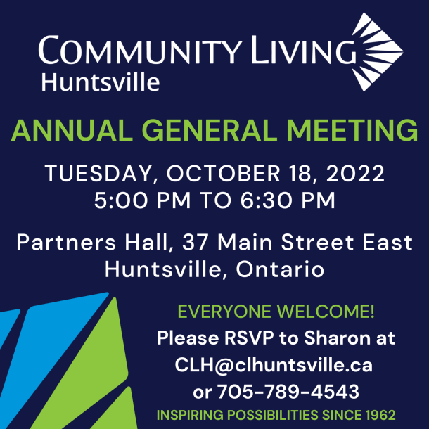 A notice for Community Living Huntsville's 2022 Annual General Meeting happening October 18.