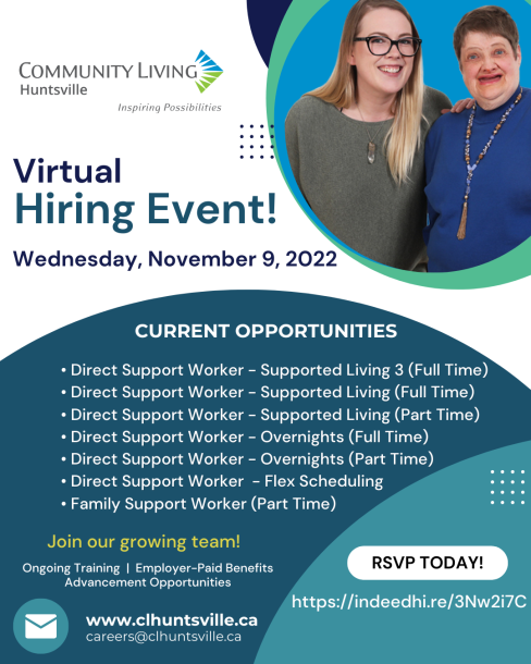 Flyer for a Community Living Huntsville virtual hiring event happening November 9, 2022.