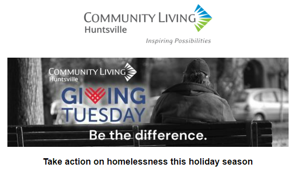 Graphic with black and white photo of man on a park bench. Text reads: take action on homelessness this holiday season.