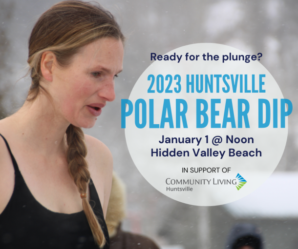 A graphic for the 2023 Huntsville Polar Bear Dip with photo of a woman in a bathing suit on a frozen lake taking a breath.