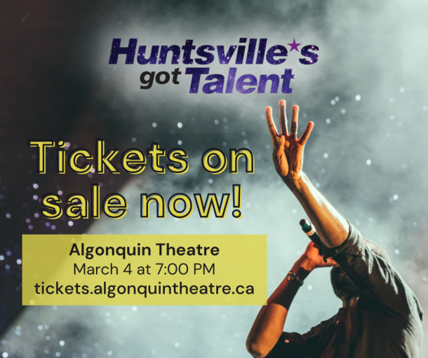Huntsville's Got Talent graphic with photo of performer raising hand while singing into a mic on stage. text reads: tickets on sale now.