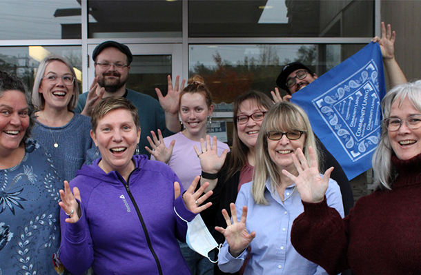 A happy group of people cheering