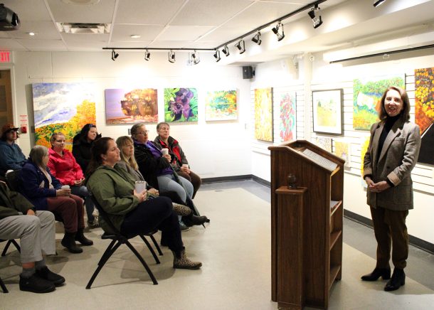 a woman at a podium talks to a seated crowd.