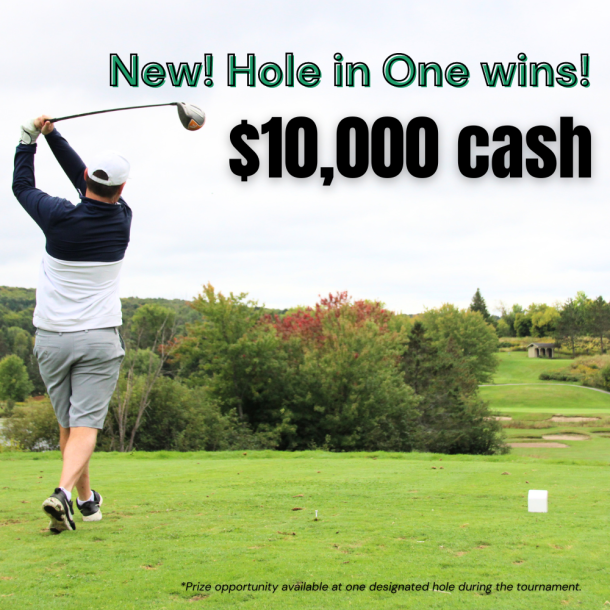 Photo of a golfer on a golf course swinging from a tee. Text reads: new, hole in one wins $10,000 cash