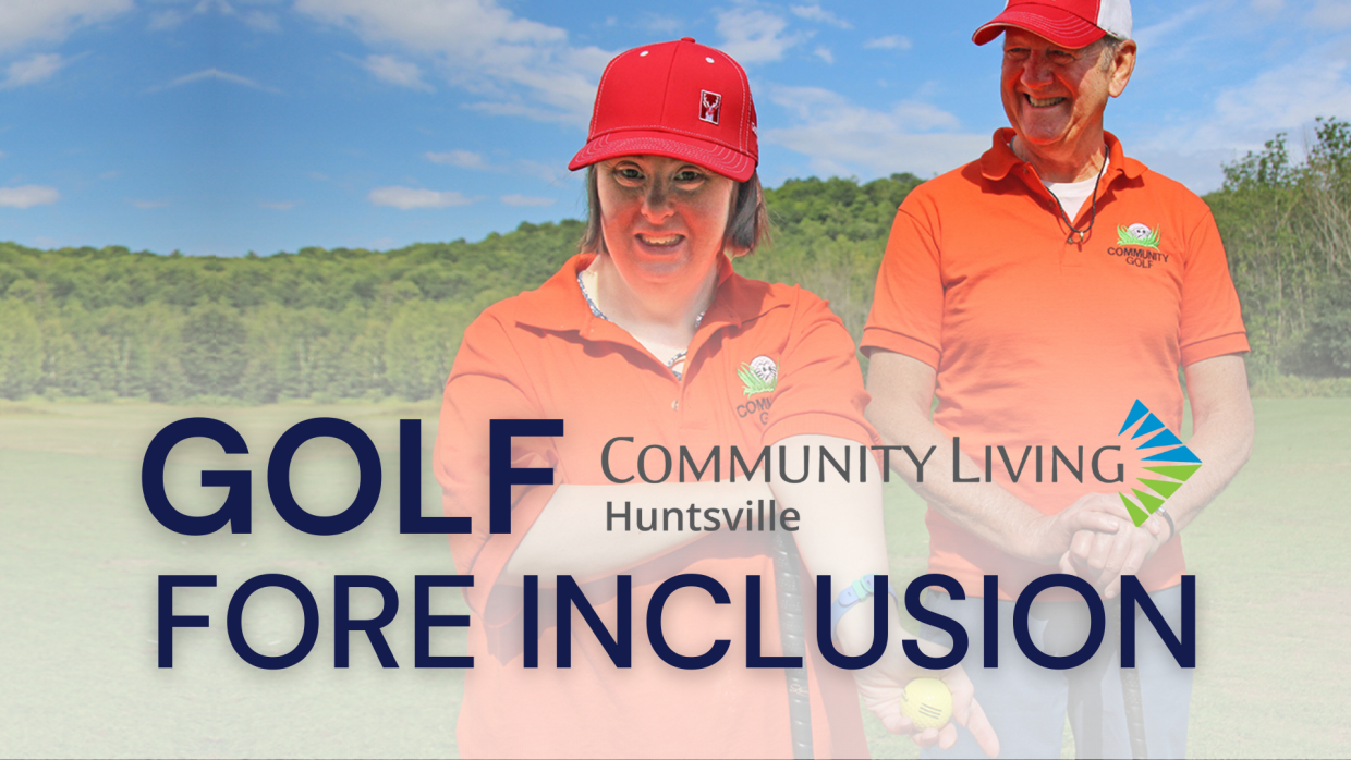 Graphic with 2 smiling golfers in orange ball caps and golf shirts. They are standing on a golf course. Text reads: golf for inclusion.
