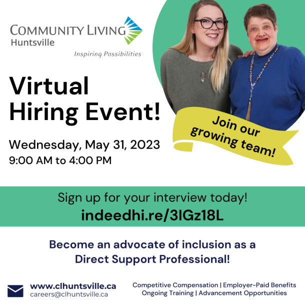 a poster for a Community Living Huntsville virtual hiring event happening May 31, 2023.