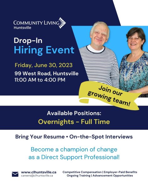 A poster for Community Living Huntsville's Drop-In Hiring Event happening June 30, 2023