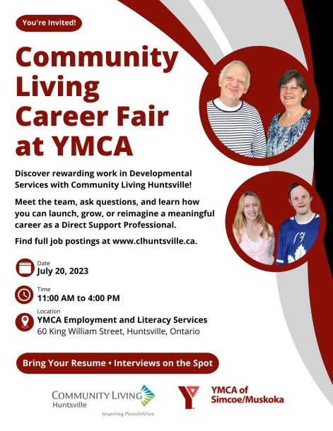 A poster for a Community Living Huntsville career fair happening at YMCA Huntsville's offices on July 20, 2023.