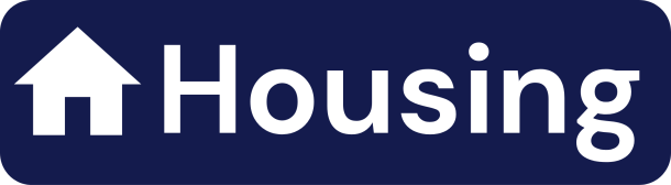 Dark blue logo with house icon and text that reads: housing