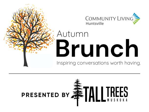 Logo for Community Living Huntsville's Autumn Brunch with an illustration of a tree with orange and yellow leaves, and text that reads: presented by Tall Trees Muskoka
