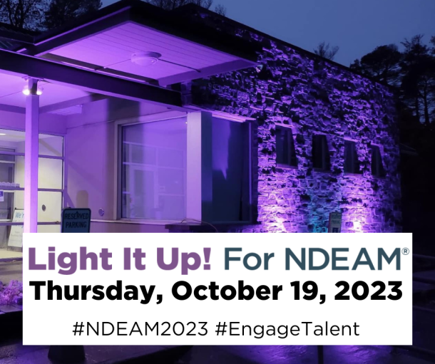 Photo of a stone building lit at night with purple and blue flood lights. Text reads: Light It Up for N D E A M.