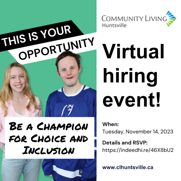 A poster for Community Living Huntsville's virtual hiring event happening November 14, 2023.