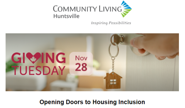 Image of a key and house-shaped keychain in the door handle to an apartment. Text reads: Giving Tuesday, opening doors to housing inclusion.