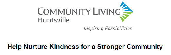 A screenshot of Community Living Huntsville's December 2023 newsletter header. Text reads: help nurture kindness for a stronger community.