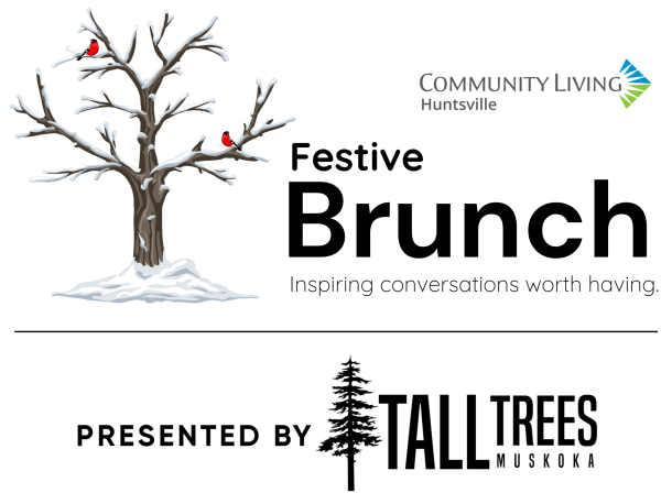 2 red birds sitting in a snow-covered tree plus text that reads Festive Brunch, inspiring conversations worth having.