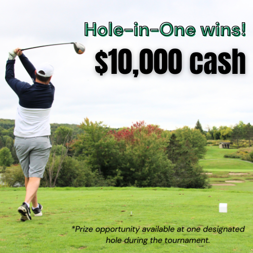 Golf Fore Inclusion_Blackbaud Header_2023 A man swings a golf club above his head and looks down a green golf course fairway. Text reads: hole in one wins $10,000 cash, prize opportunity available at one designated hole during the tournament.