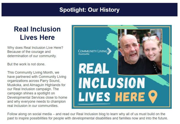 A smiling older man and a smiling younger woman and text that reads, "Spotlight, Our History, Real Inclusion Lives Here."