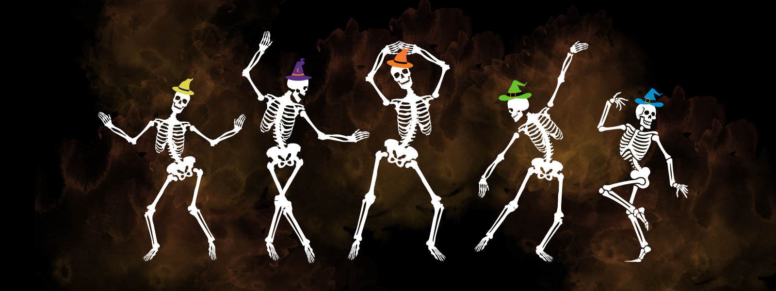 2024 Community Halloween Costume Party (2) 5 dancing, cartoon skeletons, each wearing a witch's hat of a different colour.
