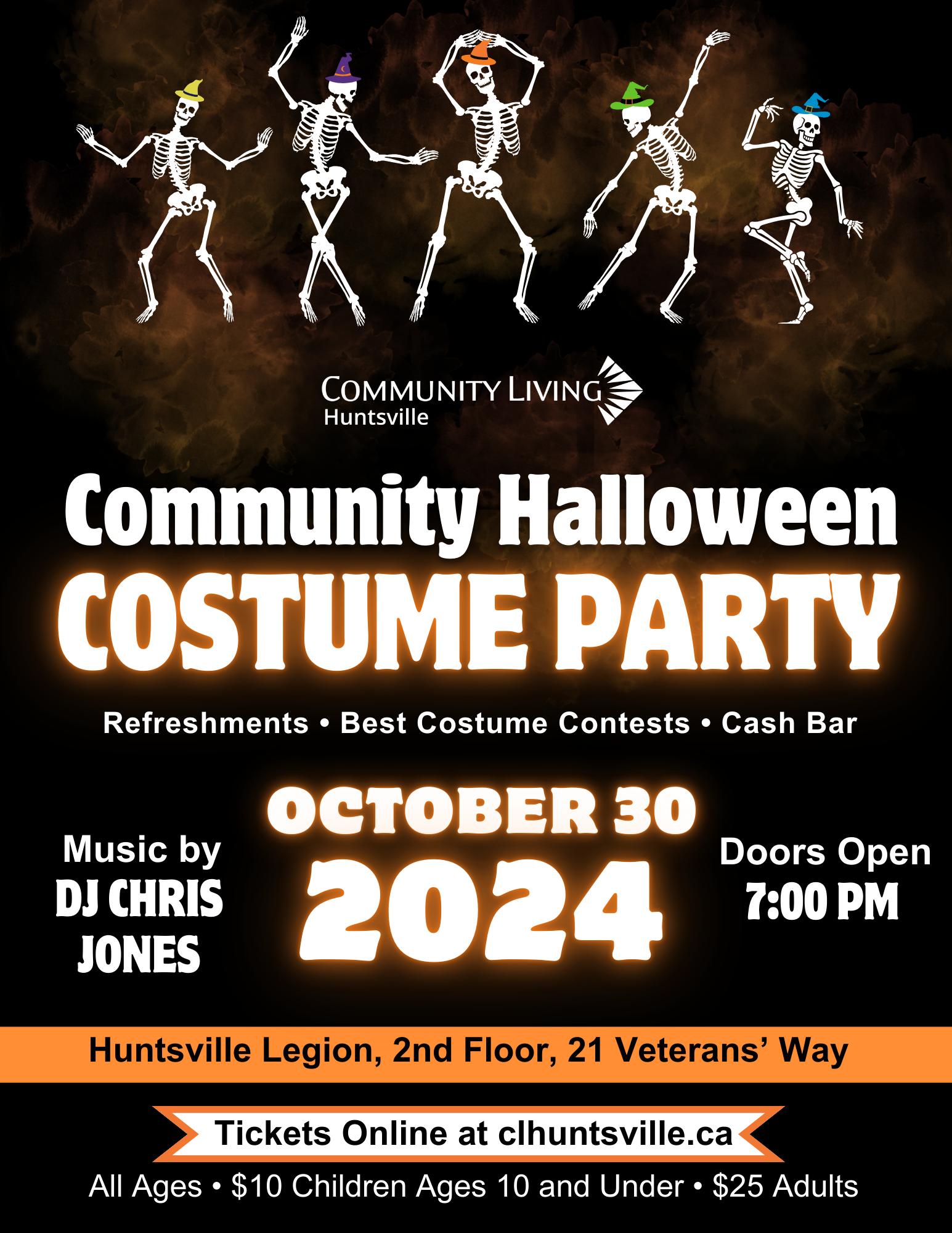 2024 Community Halloween Costume Party (3) A poster for a Community Halloween Dance Party hosted by Community Living Huntsville in October 2024.