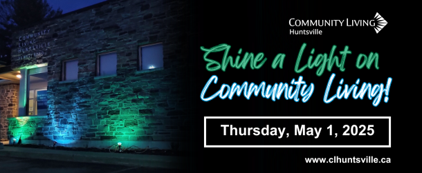 A stone building, Community Living Huntsville's administrative offices, lit at night with blue and green floodlights. Text reads, "Shine a Light on Community Living"