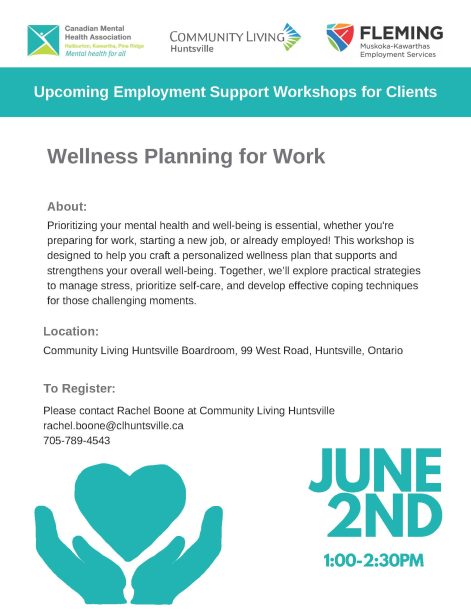 Poster for a Canadian Mental Health Association employment support workshop called Wellness Planning for Work happening in Huntsville in June 2025.