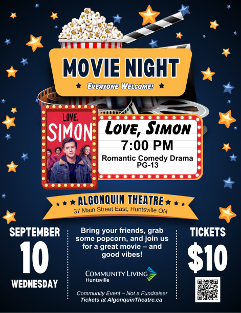 A poster for a Movie Night hosted by Community Living Huntsville in September 2025
