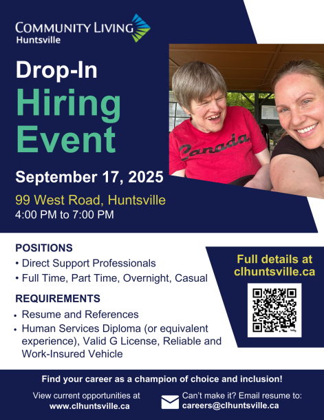 A poster for Community Living Huntsville's drop-in hiring event for Direct Support Professionals, happening in September 2025.