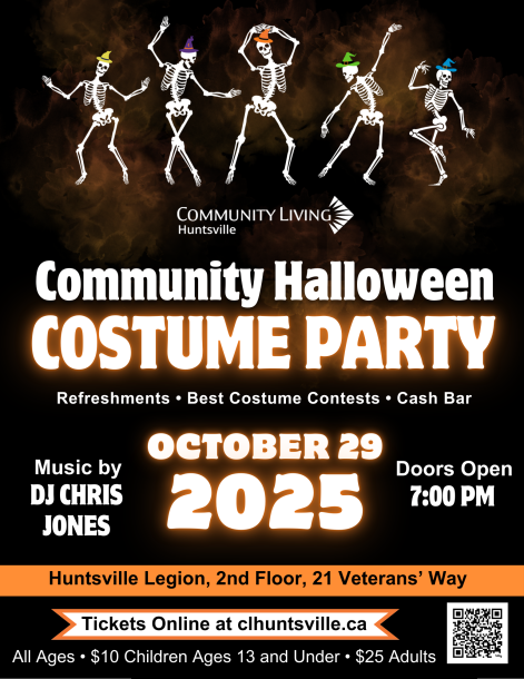 A poster for Community Living Huntsville's 2025 Community Halloween Costume Party.