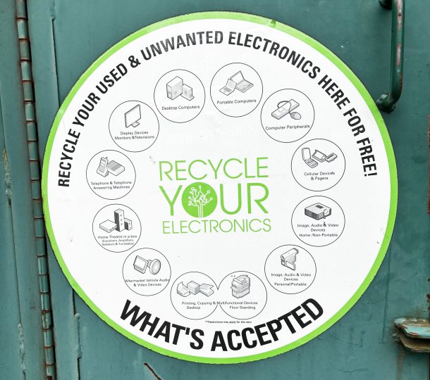 Graphic with text that reads, "Recycle Your Electronics: What's Accepted," surrounded by icons of different electronics devices.
