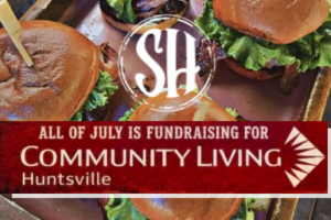 Platter of hamburgers overlaid with Smokin' Hot Barbecue's logo and text that reads, "All of July is Fundraising for Community Living Huntsville".