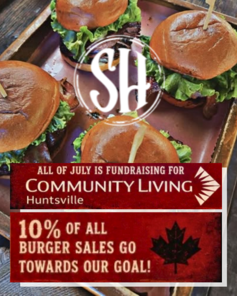 hamburgers on a platter and text promoting Smokin' Hot Barbecue's July promotion with 10 per cent of burger sale proceeds to Community Living Huntsville.