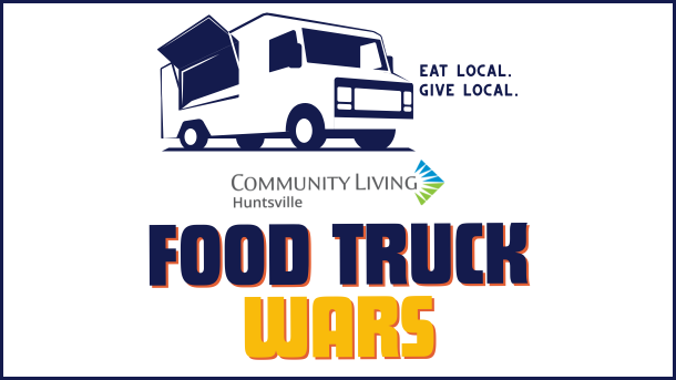 Food Truck Wars logo with illustration of a food truck and text that reads, "Eat local. Give local."