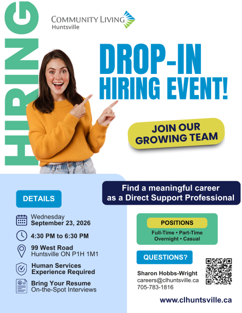 Poster for September 23, 2026, Hiring Event at Community Living Huntsville.